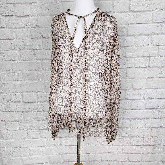 Theory Top Silk Bernetta Floral Crinkle Chiffon Tie Neck Sheer Long Sleeve Sz L - Picture 9 of 13